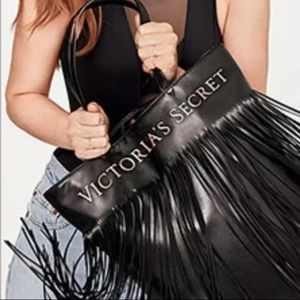 Victoria Secret Black Fringe Faux Leather Tote Bag